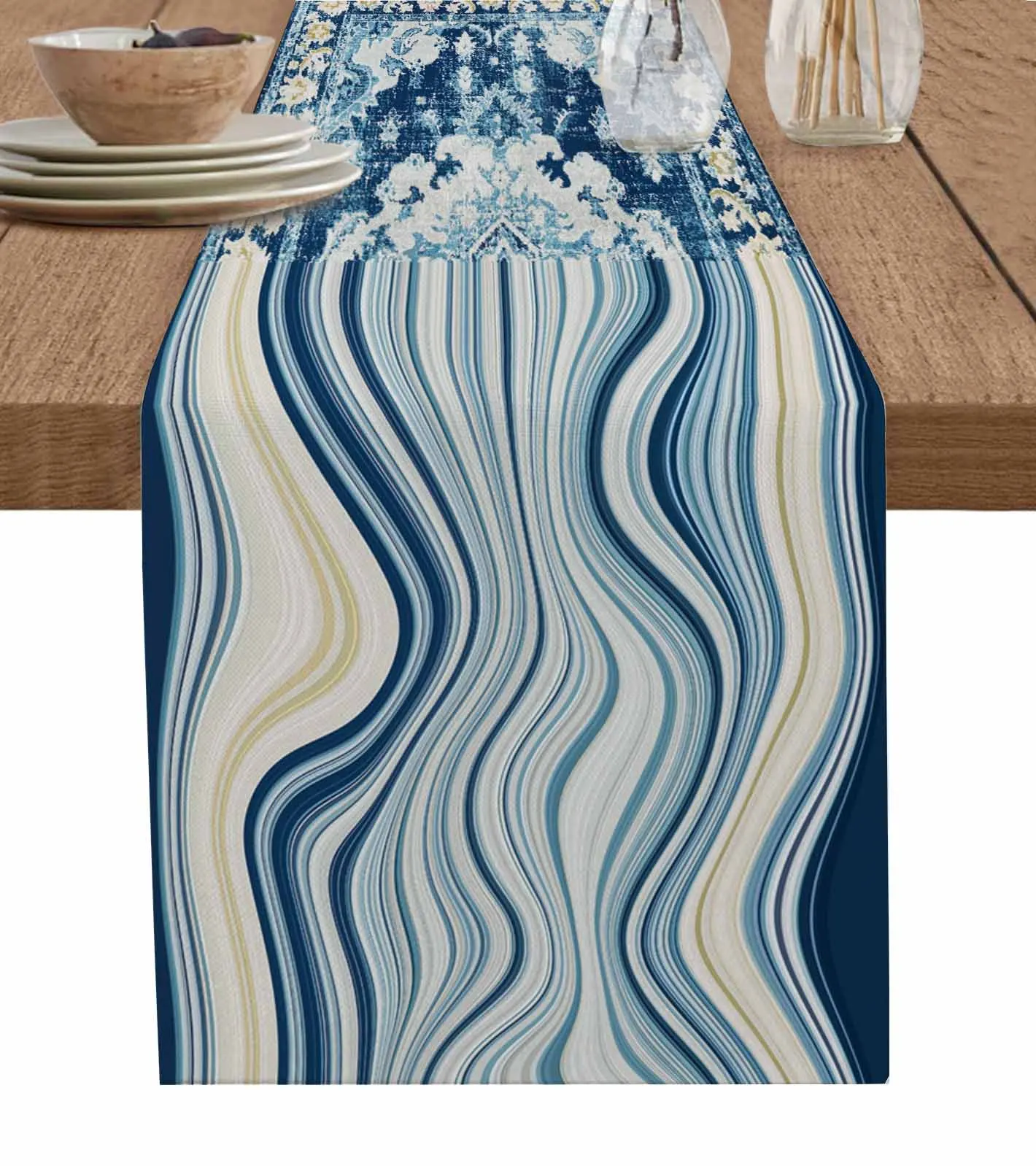 

Blue Retro Curved Stripes Bohemia Table Runner Decoration Home Decor Dinner Table Decoration Table Runners Tassel