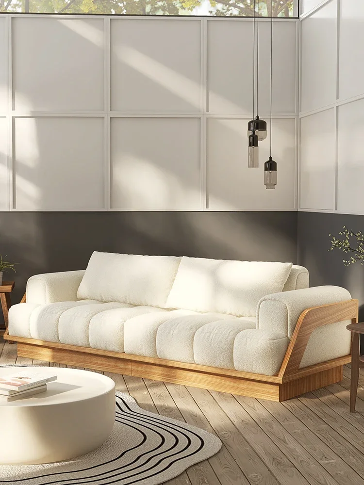 Cream style Nordic solid wood sofa art lamb wool marshmallow three-seater living room size apartment type