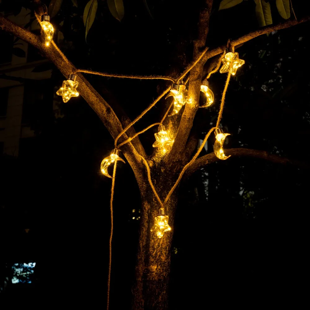 1PC 5M10LED Solar Powered Hemp Rope Star & Moon String Lights LED Fairy Light,used for Ramadan Patio Garden Home Party Eid Decor