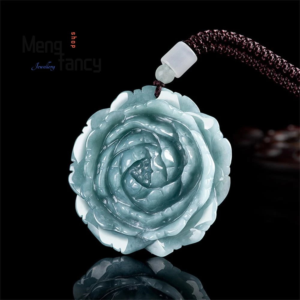 Natural A-goods Jadeite Blue Water Peony Flower Blossom Rich And Noble Glutinous Men Women Models Pendant Luxury Fashion Jewelry