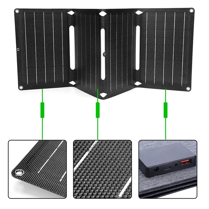 60W ETFE Foldable Solar Panel with USB/Type-C/DC Ports 4Folds Solar Charger Power Bank for Outdoor Camping Hiking Emergency
