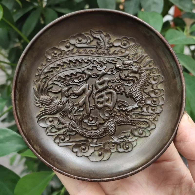 Antique Collection Dragon and Phoenix Fu Character Plate Dish Home Tea Ceremony Crafts Ornaments