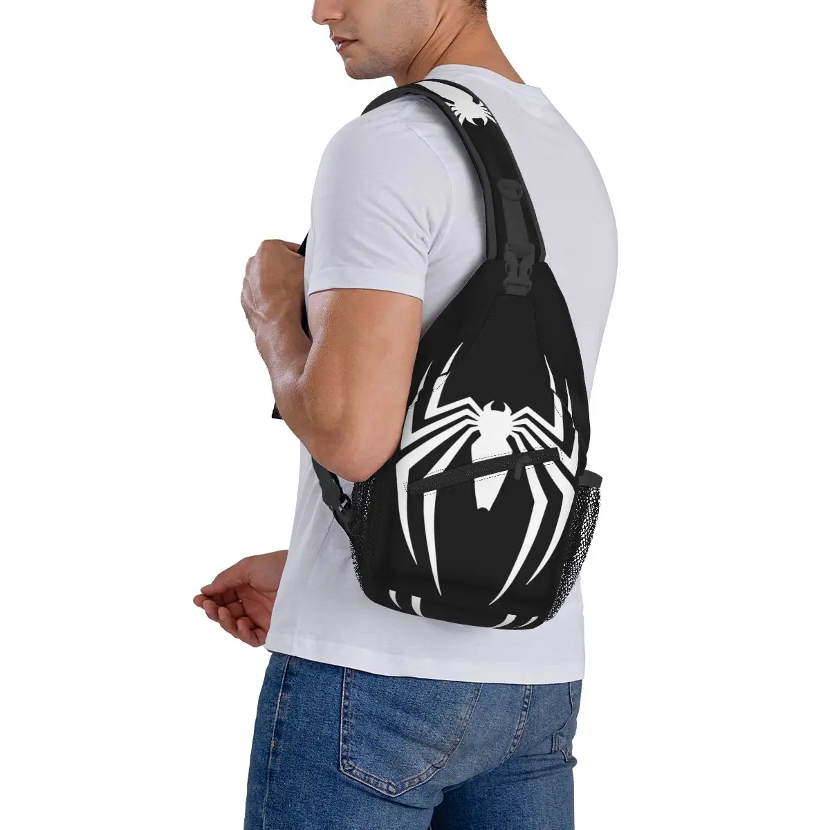 Ps5 Spider Symbool Crossbody Sling Bag Bedrukt Borsttas Symbioot Venom Schouder Rugzak Dagrugzak Voor Wandelen Reizen Kampeertas