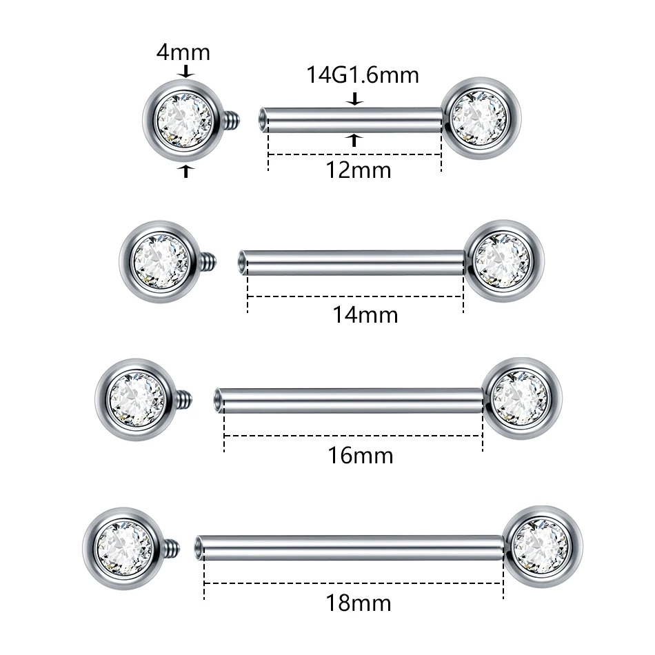 1/5pcs 6-20mm Titanium CZ Bezel Nipple Ring 14G Cubic Zirconia Internally Threaded  Nipple Barbell Piercings Sexy Women Jewelry