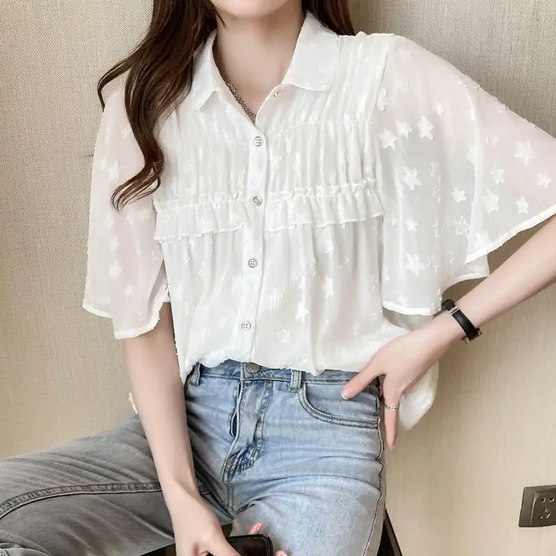 Fashion Solid Color Button Spliced Ruffles Chiffon Shirt Women\'s Clothing 2023 Spring New Casual Tops Loose Office Lady Blouse