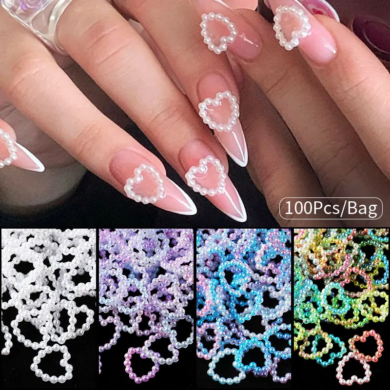 100Pcs/Bag Hollow Heart Pearl Nail Graduated Color Sticker Pearl Decoration DIY Nail Crafts Accessories Charm Nail Art Jewelry *