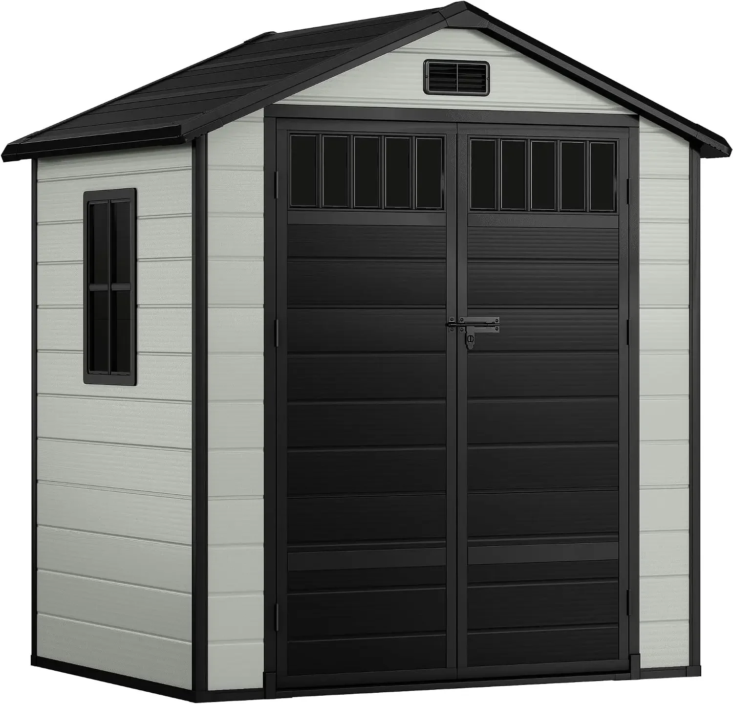 6x4.4 FT Resin Storage Shed with Fence-Style and Side Windows, Lockable Door, and Vents for Garden, Backyard, Patio, Lawn
