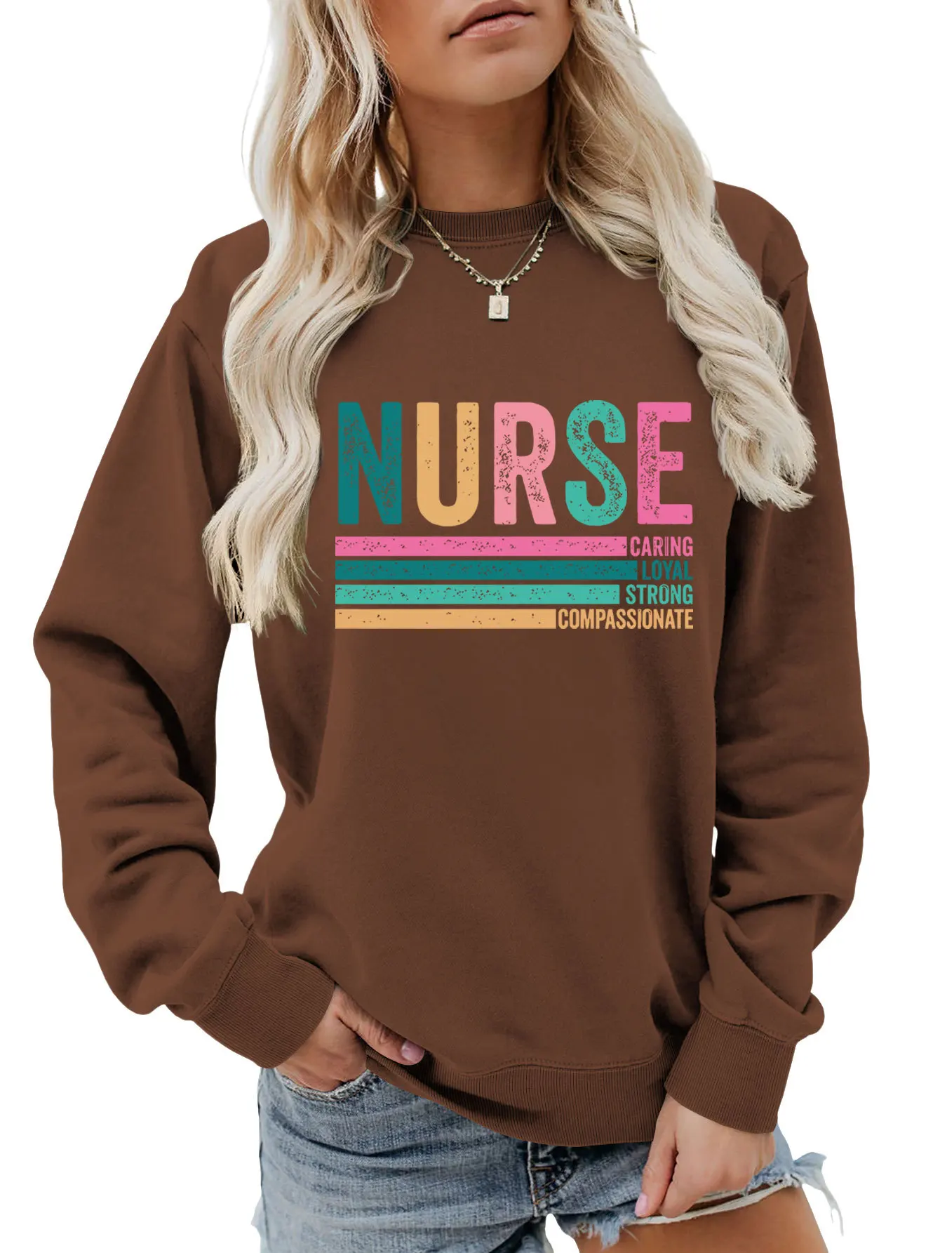Autumn new crewneck T-shirt hoodie nurse caring loyal strong print loose women's casual top with all fashion pullover