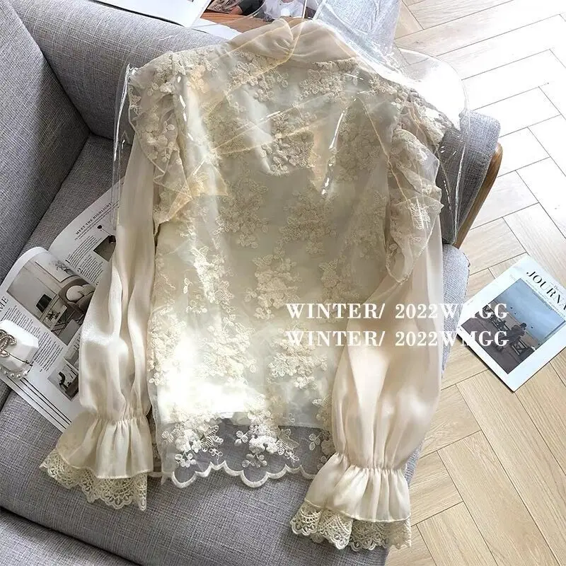 Autumn New Korean Style Fashionable Slim Fit and Slimming French Ruffle Edge Tied Bow High-end Shirt Top for Women