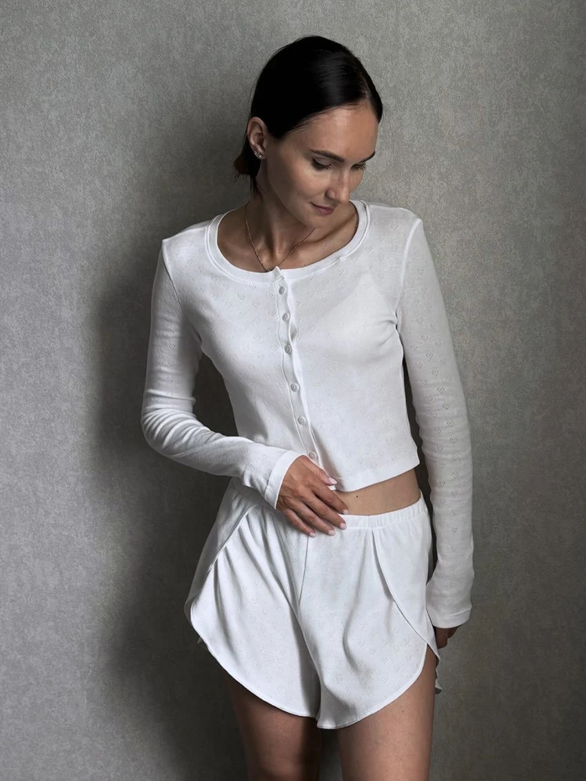 Marthaqiqi Casual Women Sleepwear Set Long Sleeve Robe O-Neck Nightie Crop Top Nightwear Shorts White Ladies Ladies Pyjamas Suit