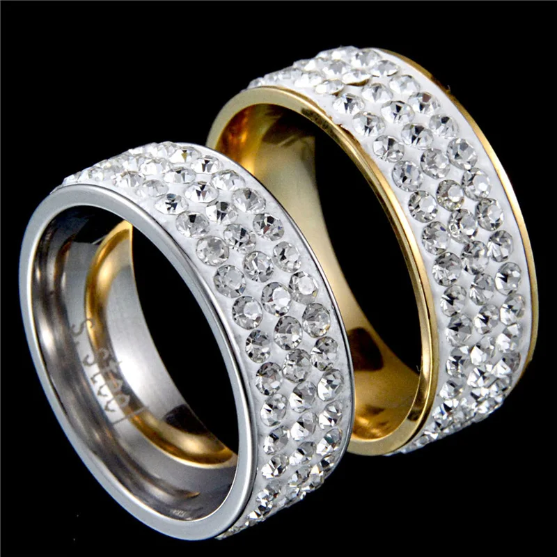 Maxmoon 3 Row Lines Clear Crystal Wedding Rings For Women Fashion Rhinestone Stainless Steel Female Teen Jewelry anillos mujer