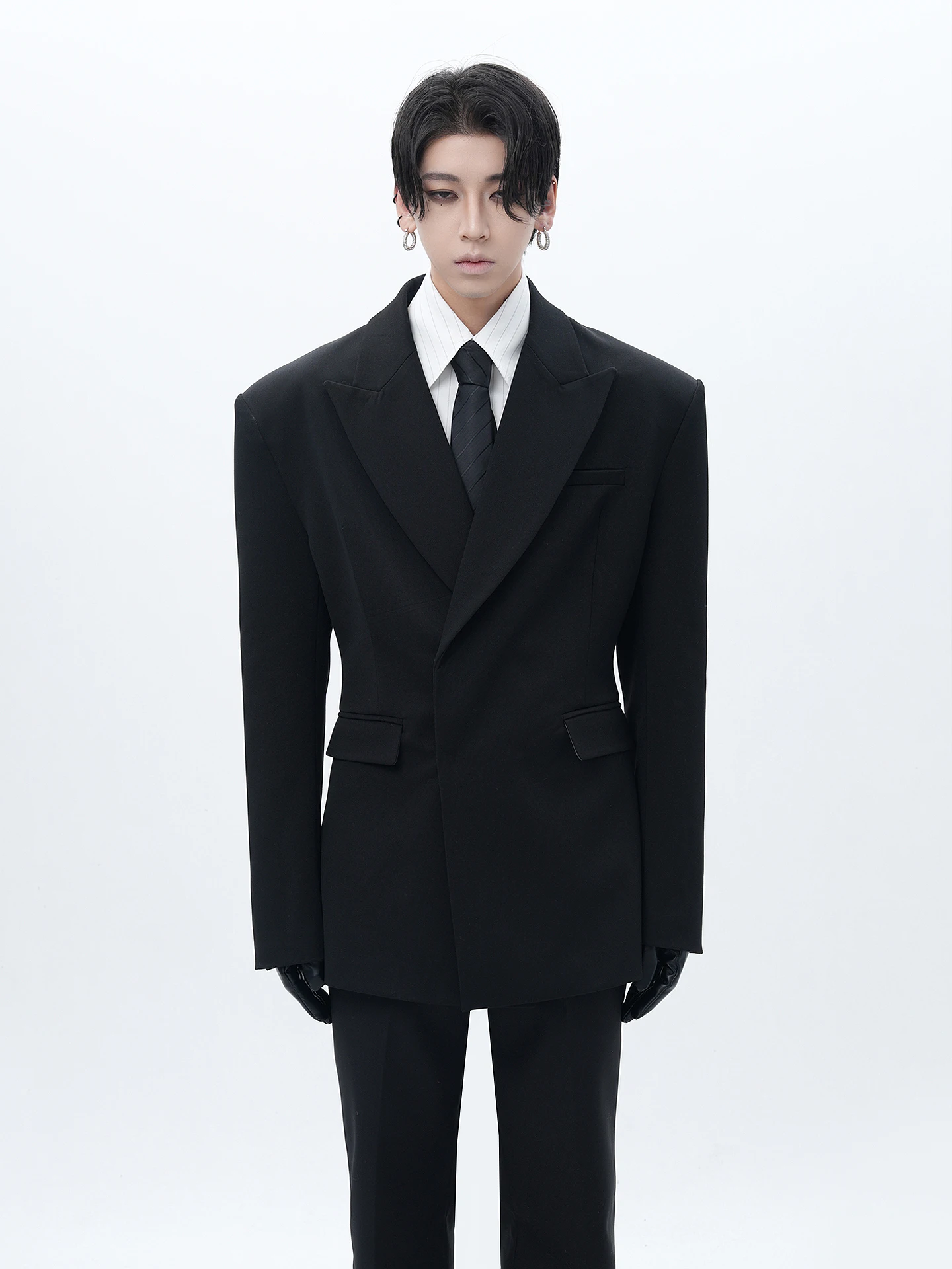 

Bla oulder Pad Waist Cinched Men's Suit Jaet Double Breasted Tailored Sle Casual Faion Urban Look Long Sve Coat