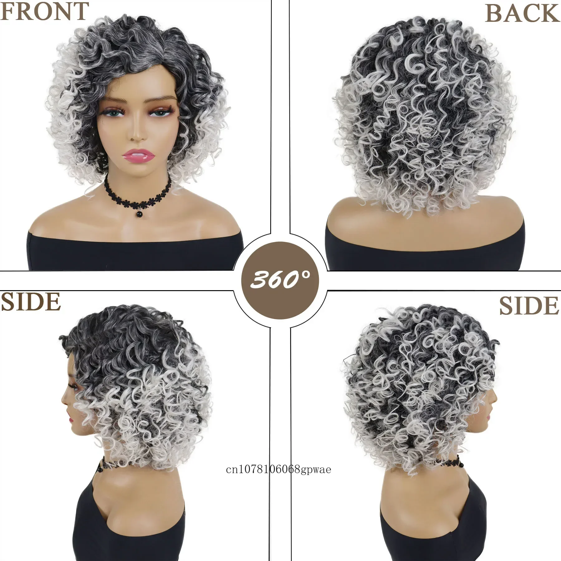 Peluca de pelo sintético para mujer mayor, pelucas Afro grises ombré blancas para mujer, peluca corta rizada hinchable con flequillo, disfraz de Cosplay para fiesta diaria