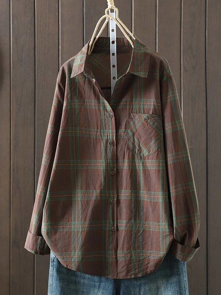 Women's Plaid Long Sve irt Coat Loose Fit Vintage Sle Casual Single ket Turn-down Collar Open Cardigan Top