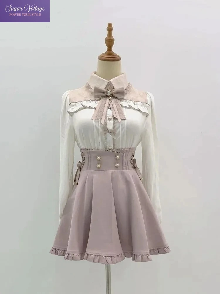 

Японское нежное платье в стиле Харадзюку для женщин, приталенное, белое, с бантом, длинными рукавами и рюшами, в стиле Лолита, кавайное, модное, шикарное.