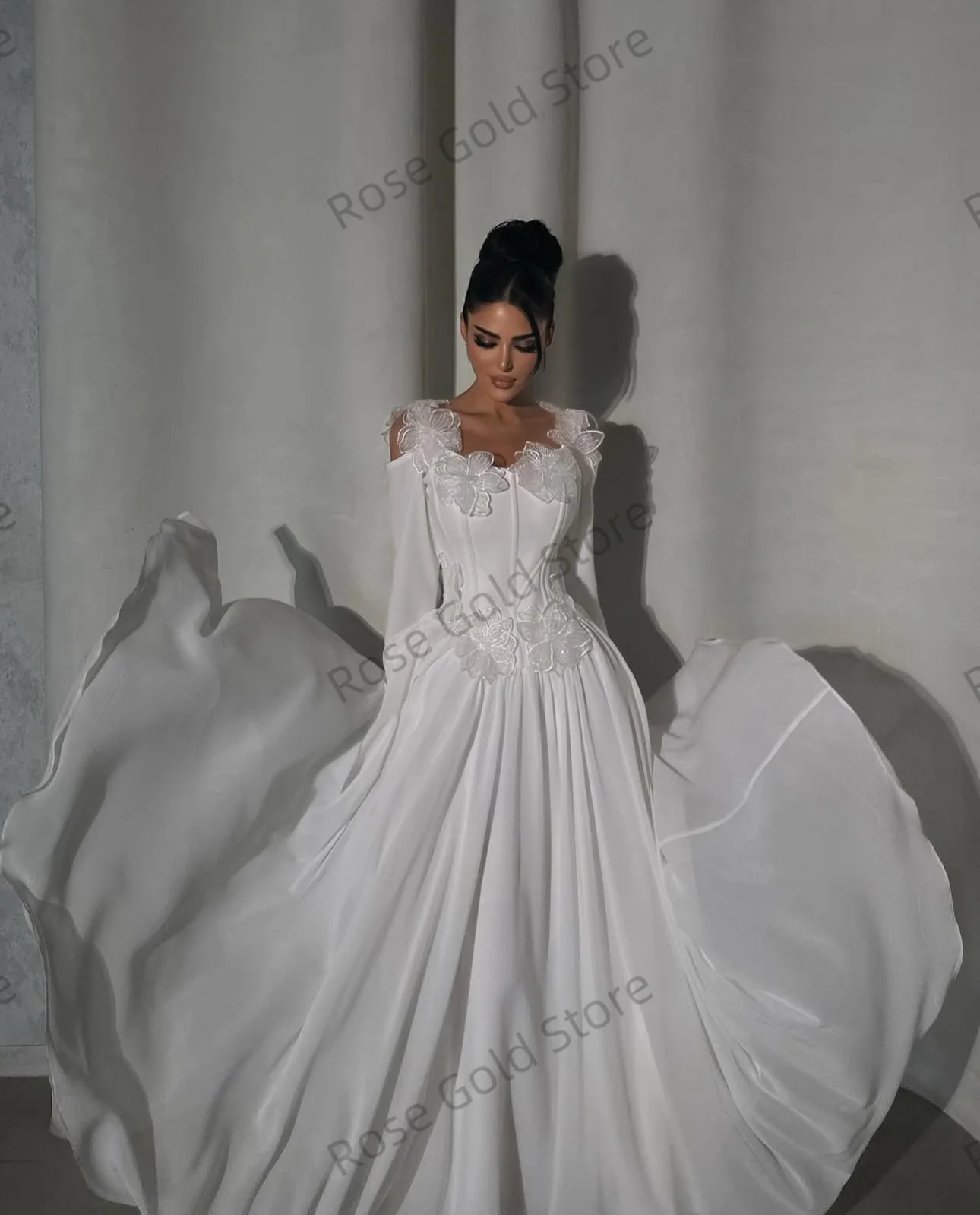 Elegant White Evening Dress A Line Sweetheart Flower Appliques Prom Party Gown for Arabic Customized Chiffon Women Robe de Noche