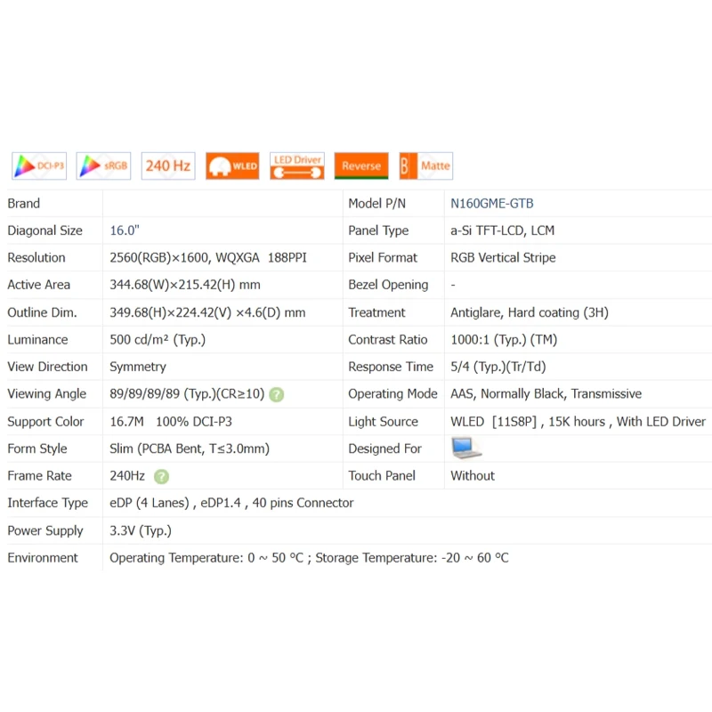 Imagem -04 - Tela Lcd para Laptop Substituição do Painel de Matriz de Exibição 240hz N160gme Gtb N160gme-gtb 2560x1600 Ips 100 Dci-p3 Edp 40 Pinos 16 em