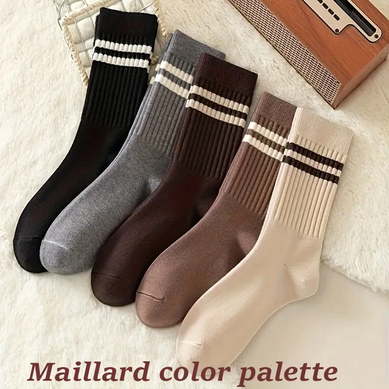 5 Pairs Pack Trendy Striped Crew Socks, Women's JK Fashion Socks for Sports Daily Wear, Cute Fall Winter Collection