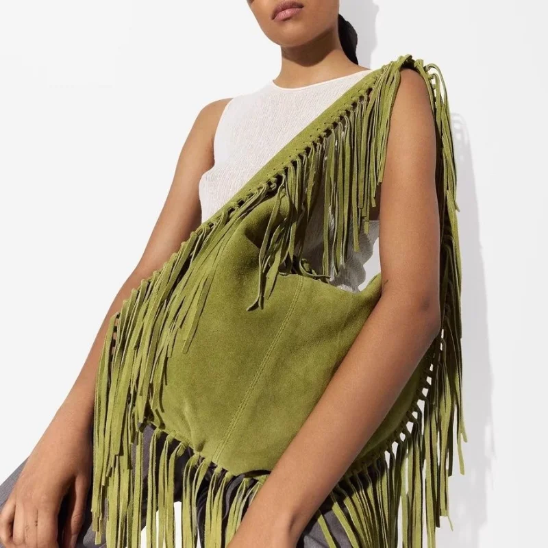 

Boho Style Fringe Rivet Crossbody Bag Vintage Suede Shoulder Bag Lady Large Capacity Casual Fringe Postman Shoulder Dumpling Bag