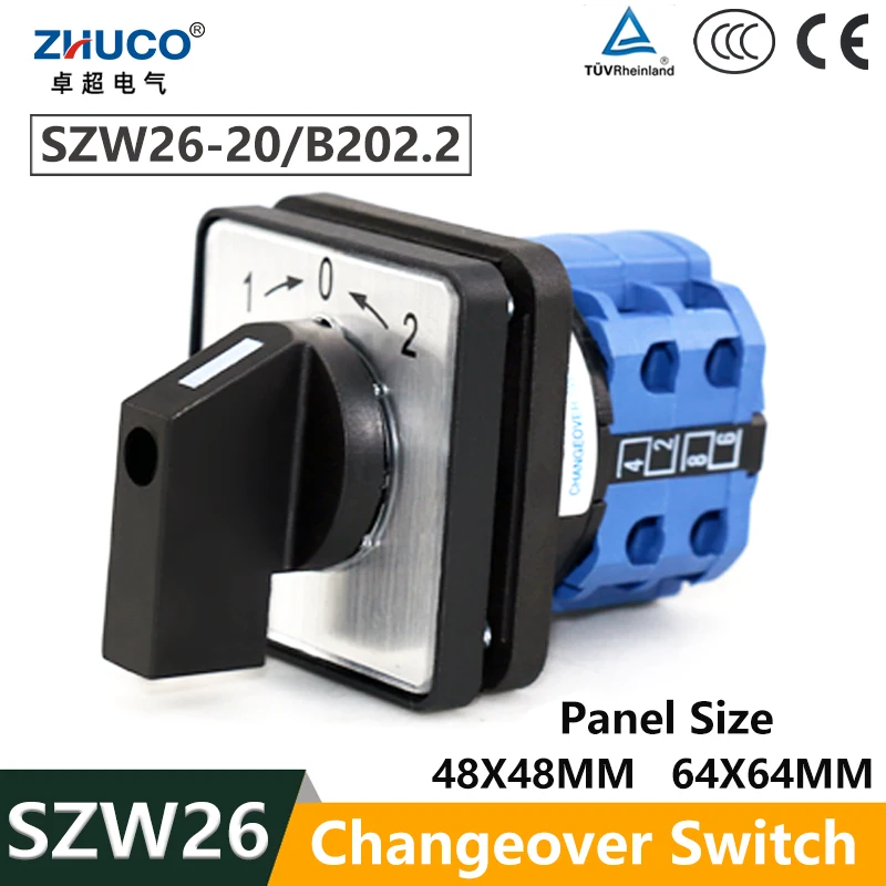

ZHUCO SZW26/LW26-20/B202.2 20A 660V 1-0-2 Two Pole Three Position 64X64 48X48 mm Panel Transfer Momentary Changeover Cam Switch