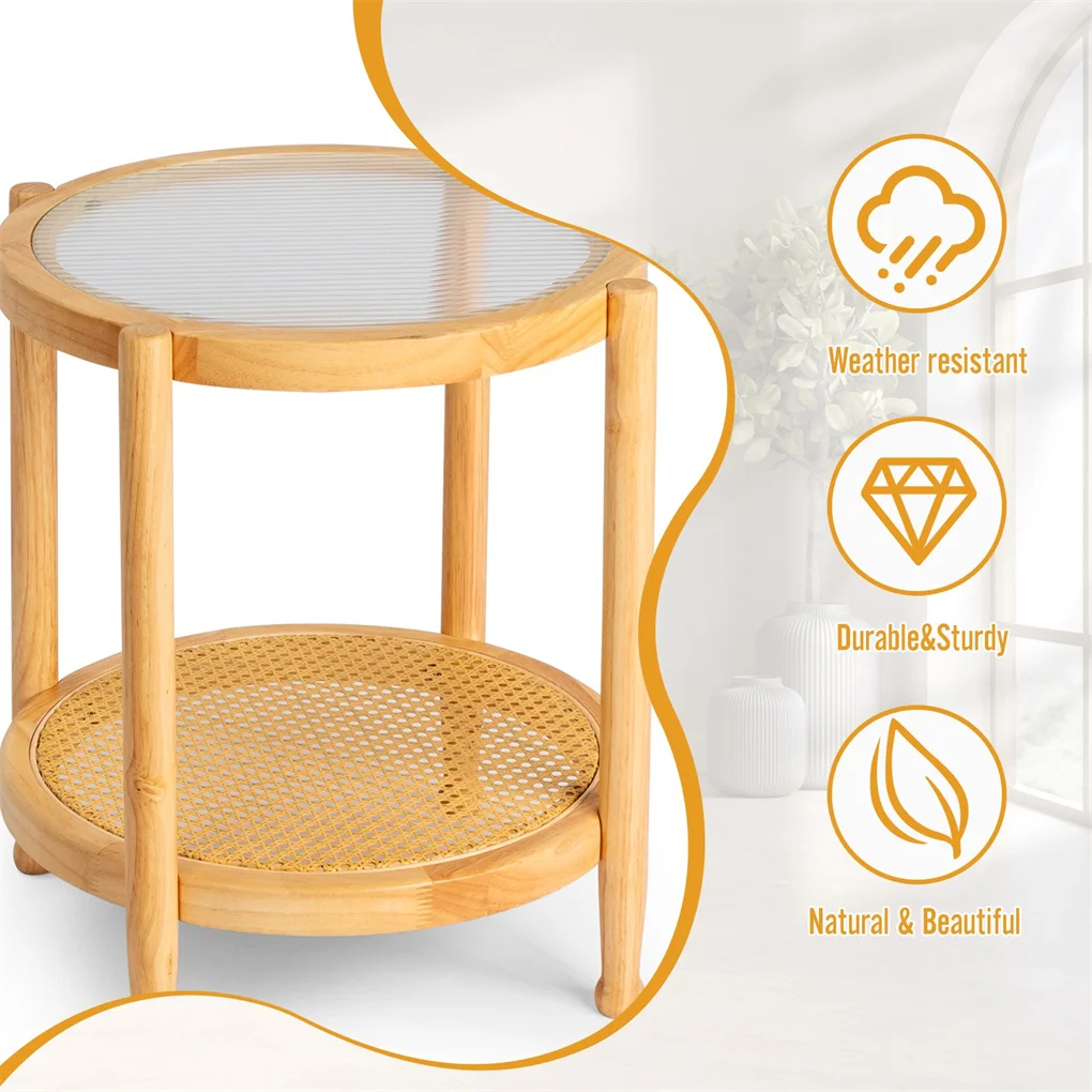 19.7in Rattan Coffee Table with Glass Top, Small Round End Table, Boho Style Side Table Sofa End Table for Living Room Balcony