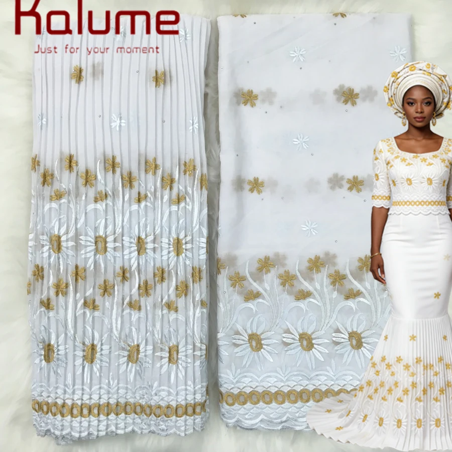 

Кружевная ткань Kalume 2026 из швейцарского вуаля с вышивкой цветами, 5+5 ярдов, высококачественная африканская хлопковая кружевная ткань для свадебных нарядов с камнями