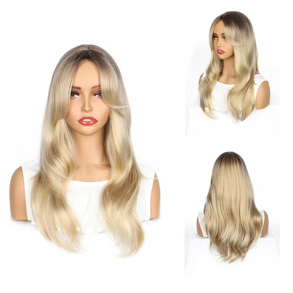 Gradient Blonde Long Straight Wig With Bangs Deep Rooted Long Hair Bangs Daily Game Party Suitable for Fashion Women