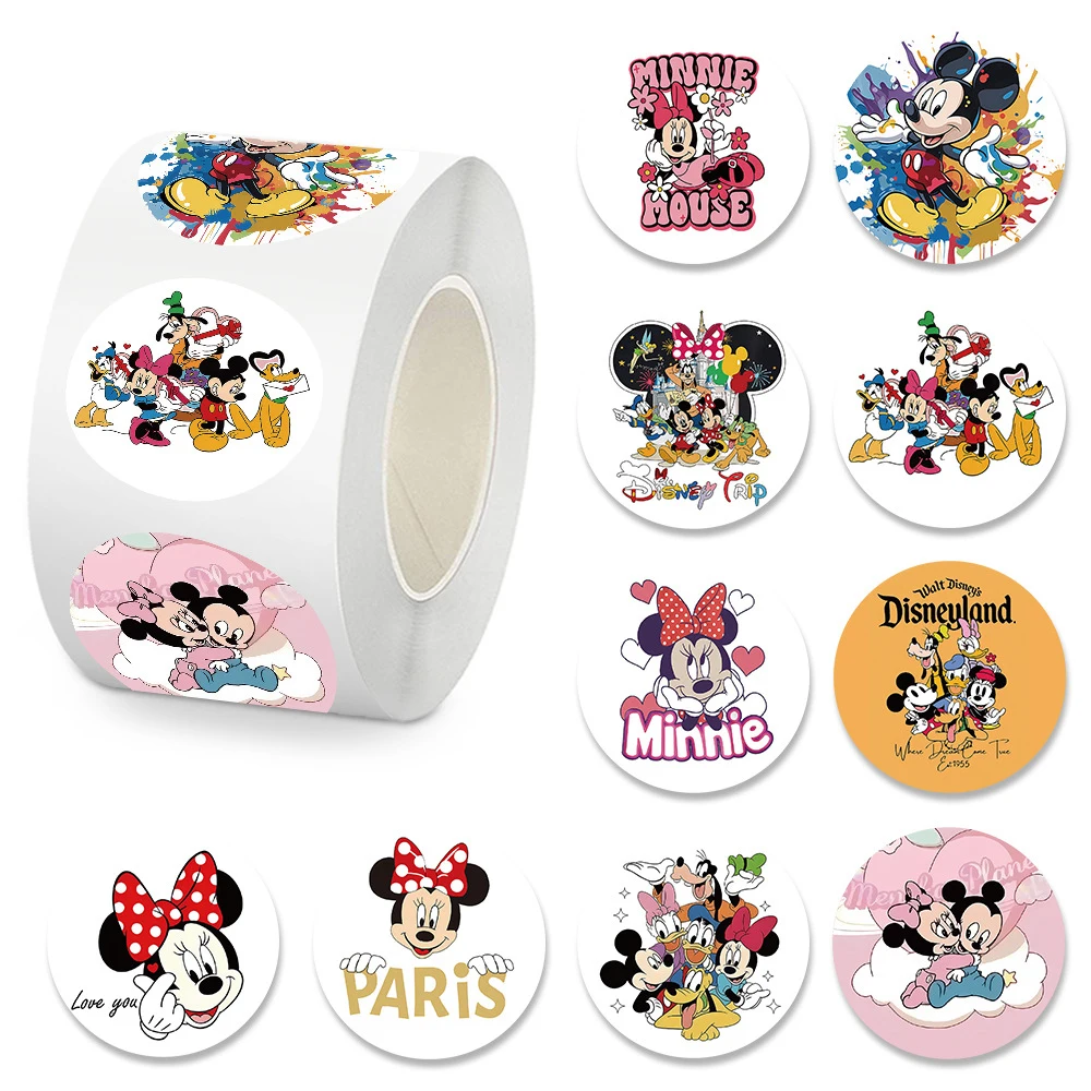 500 stks/rol Disney Anime Mickey Mouse Afdichting Stickers Leuke Minnie Donald Duck Cartoon Decals Telefoon Notebook Gitaar Sticker Speelgoed