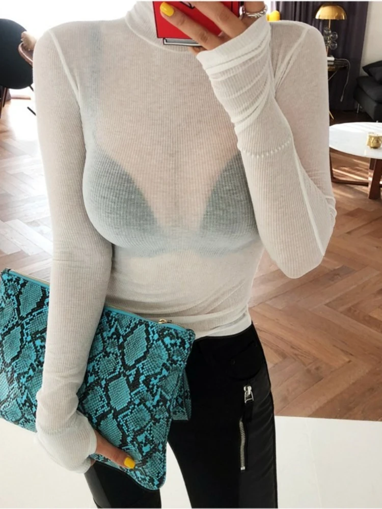Thin Perspective Solid Slim Casual Shirts Summer Women Long Sleeve T Shirt Female Pullovers Basic Tee V2k Clothes Streetwear Top