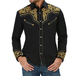 Retro Man Shirts And Blouses Western Graphic Print Long Sleeve Casual Vintage Slim Single Breasted Tops Clothing Shirt For Men