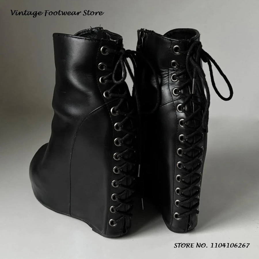 

Back Cross-tied Wedges Ankle Boots Black Round Open Toe Side Zip Platform Shoes Women's Spring Summer Plus Size Casual Booties