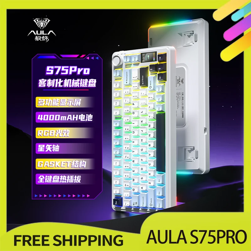

AULA S75 Pro Keyboard Tri Mode Gamer Mechanical Keyboard 4000mAH RGB PBT HIFI Gaming Keyboard Gasket Keyboards PC Accessories