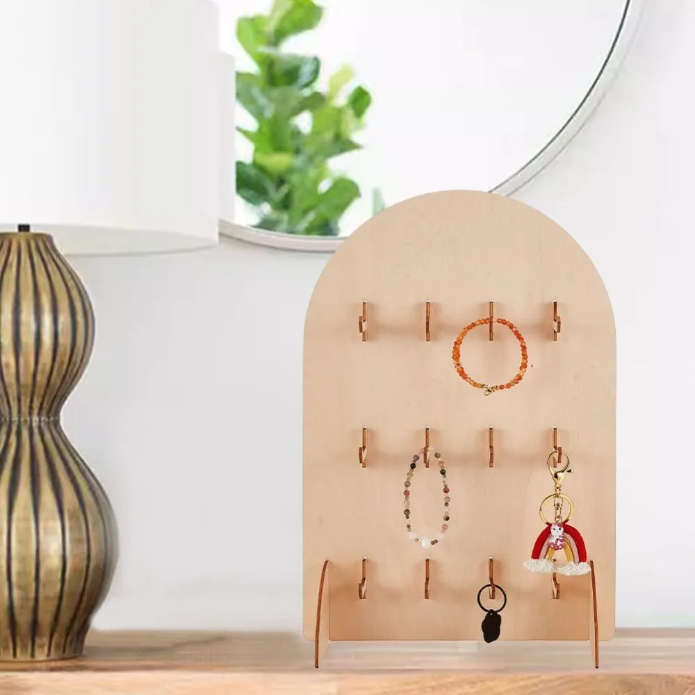 

Wooden Earring Display Rack Arch Detachable Necklace Display Stand Hook Style 3 Layers Bracelet Organizer Rack Trade Show