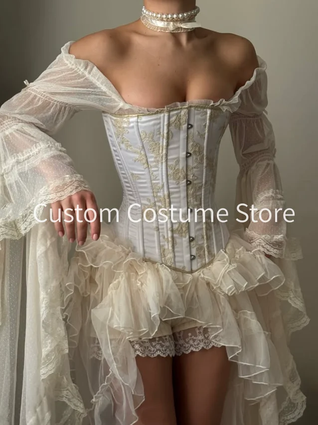Champagne Mini Corset Evening Party Bodysuit Dress Fairy Long Sleeve Boning Lace French Birthday Rococo Holiday Gown  Customized