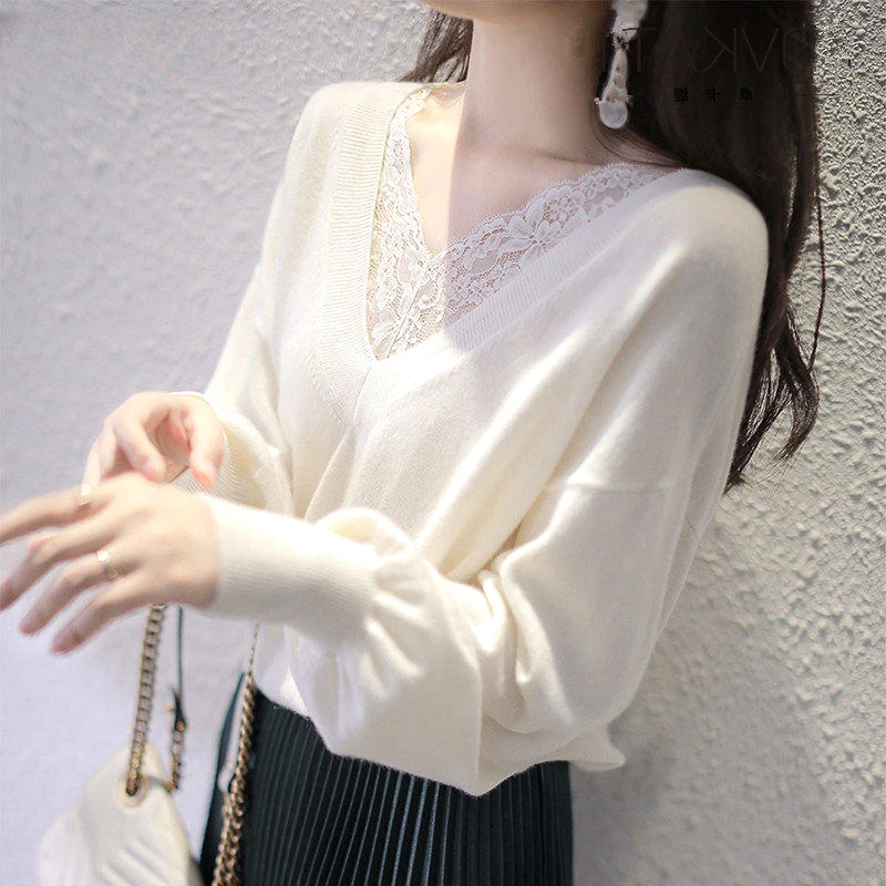 

Spring and Autumn Elegant and Gentle Style Lace V-neck Lantern Sleeves Loose and Versatile Solid Color Pullover Sweater F526