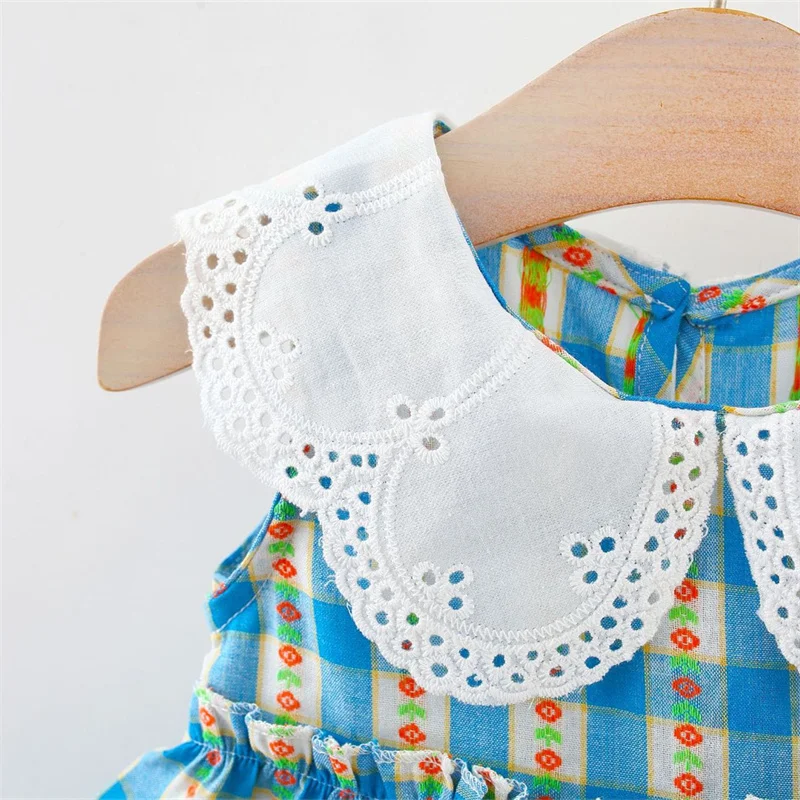 0-4 Y Toddlers Blue Lattice Costume Sweet Children Clothing Summer Baby Girls Sleeveless Dress Lovely Doll Collar Kids\' Dresses