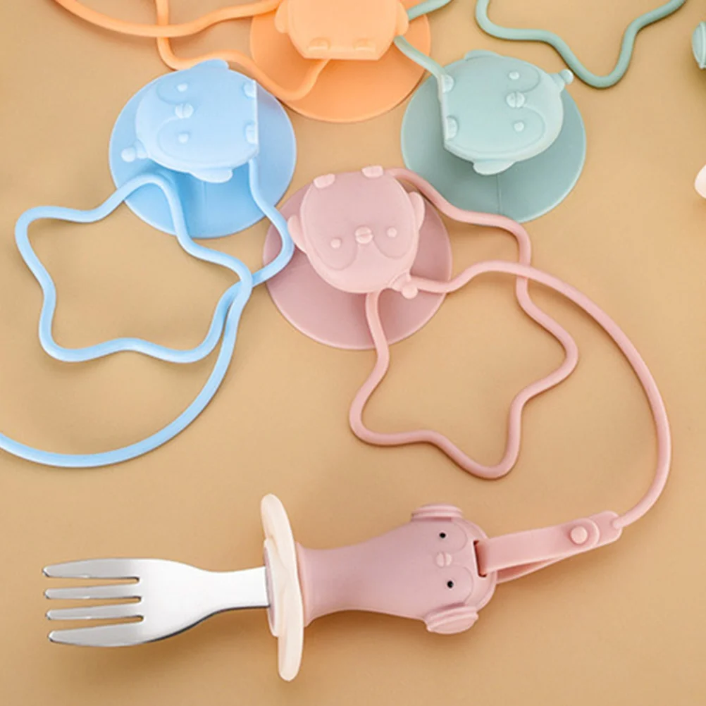 

Baby Spoon Fork Set Silicon Toddler Dining Utensils Pink Suction Base Anti Drop Chain Kids Spoons Stainless Steel Self Feeding
