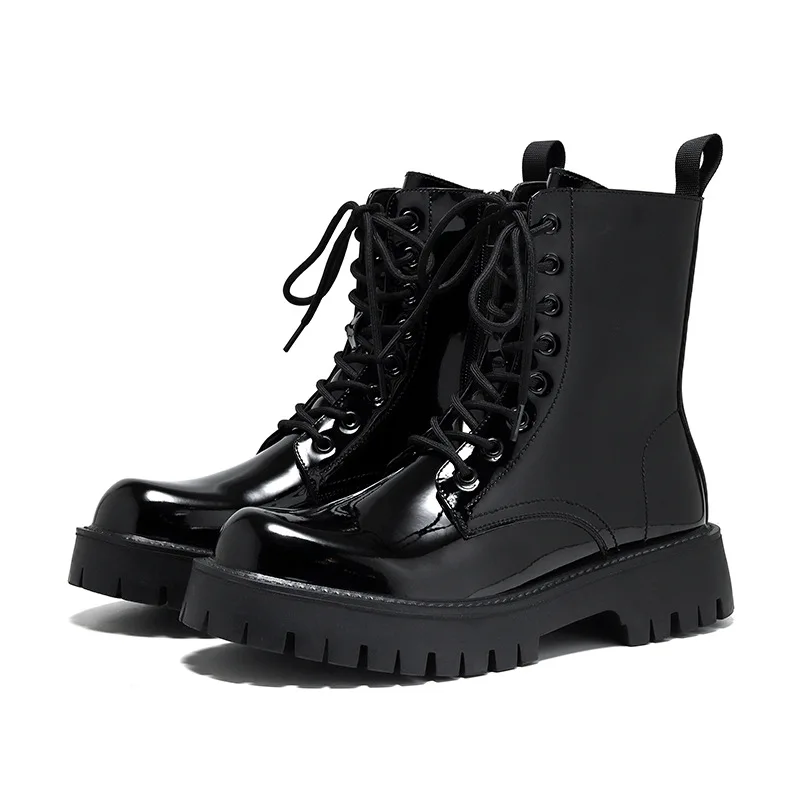 men luxury fashion patent leather boots black tide platform shoes party nightclub high top motorcycle boot cool knight botas man