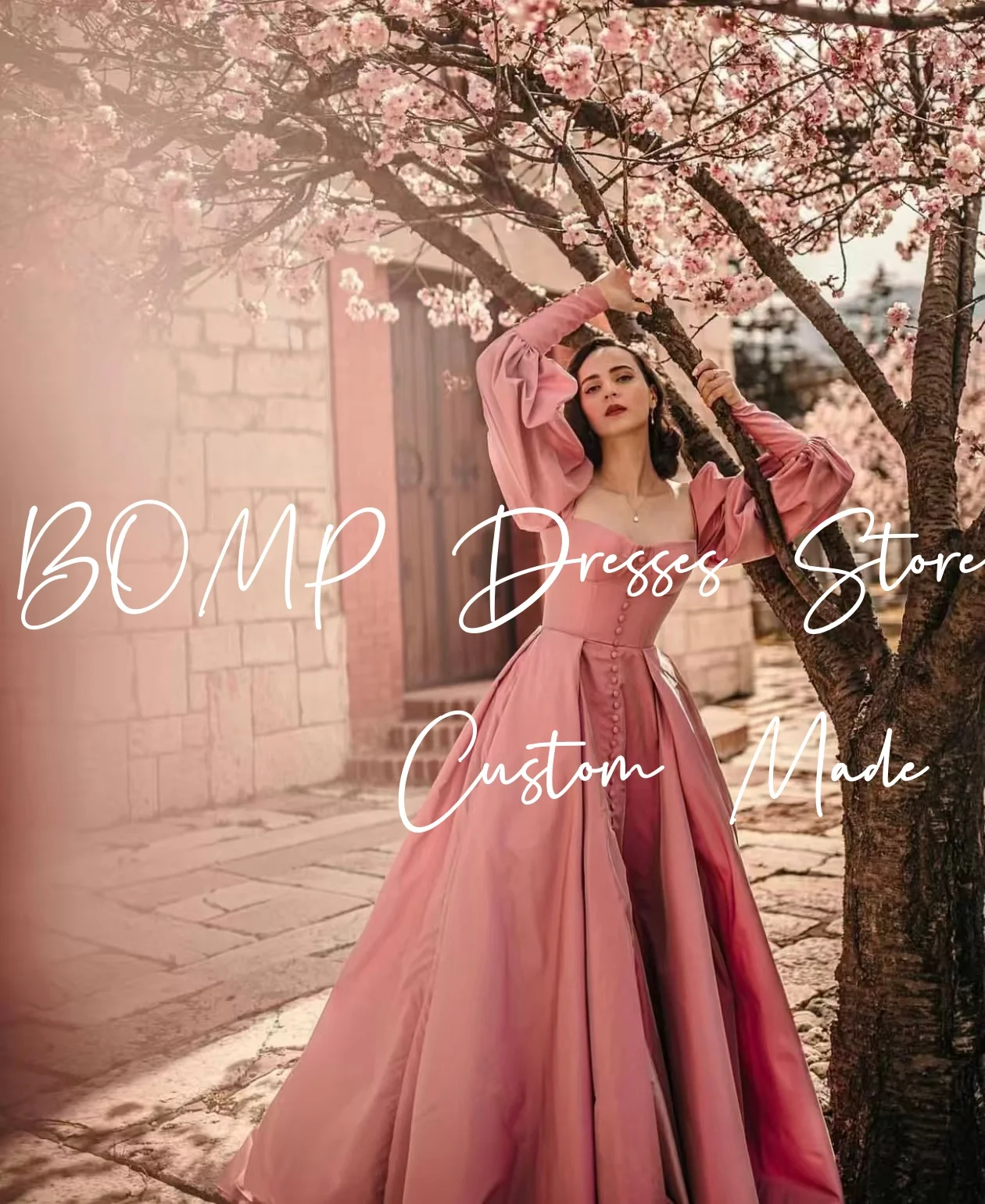 BOMP 빈티지 핑크 웨딩 파티 드레스 스위트하트 풀 슬리브 버튼 바닥 길이 새틴 가든 이브닝 생일 드레스 맞춤 제작