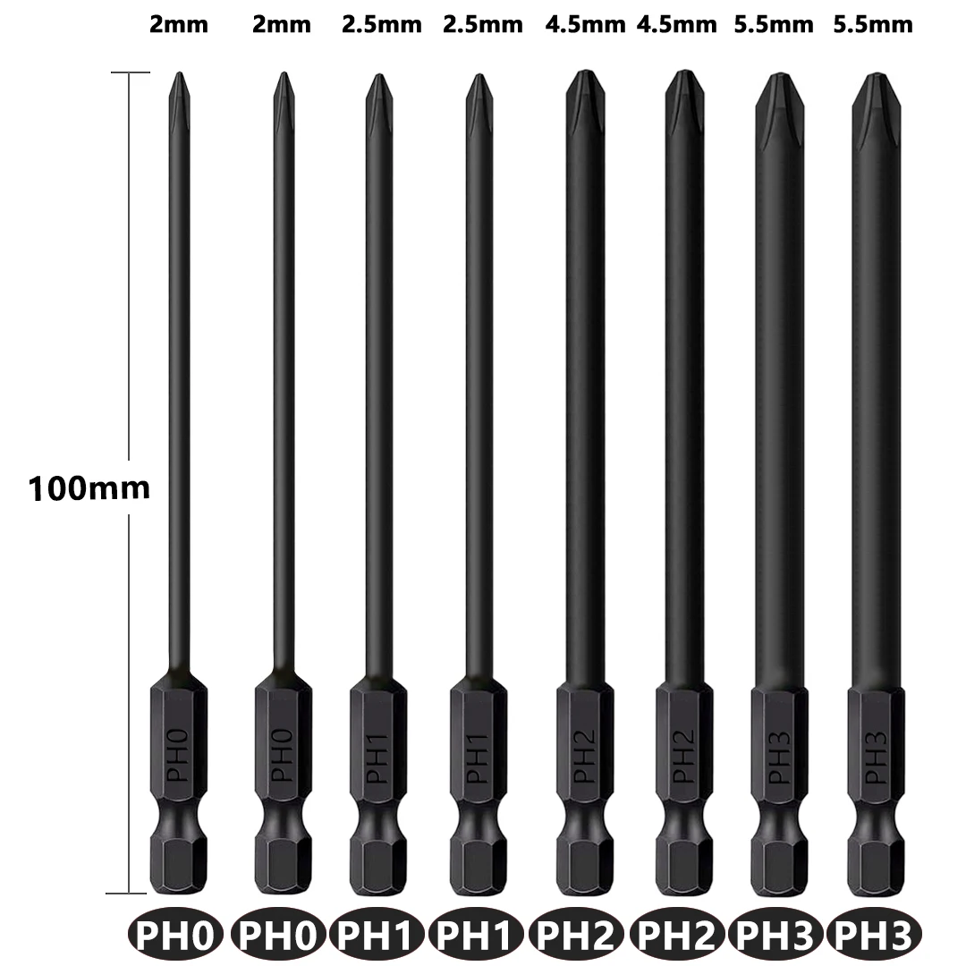 

8Pcs Cross Screwdriver Bits 100mm Phillips Impact Drill Bit PH0 PH1 PH2 PH3 1/4 Inch Hex Shank Magnetic Screwdriver Set