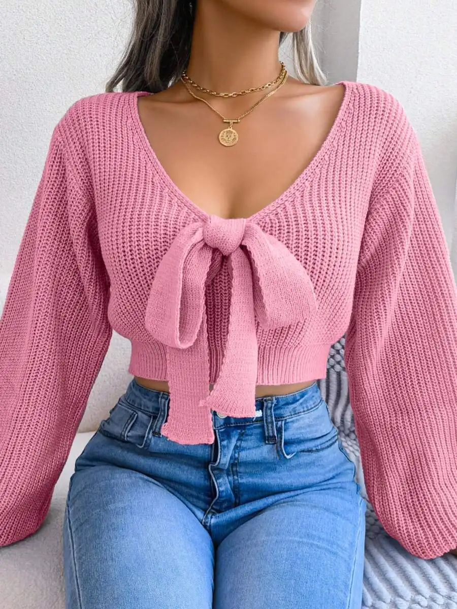 

Pink V-Neck Crop Sweater With Bow Tie Detail Long Sleeve Casual Pullover