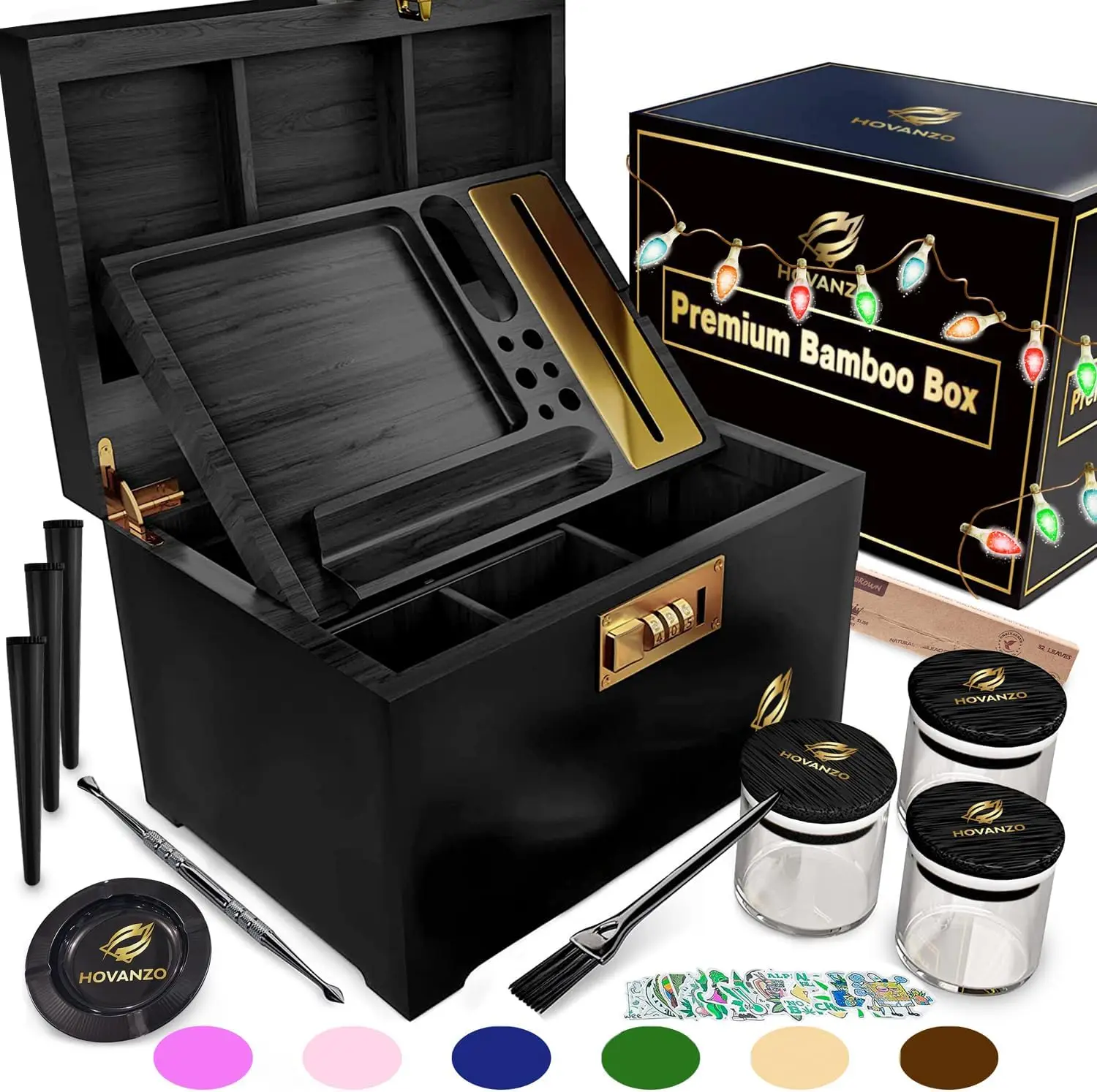 

Large Bamboo Storage Box with Lock, Removable Tray & Accessories - Smell Proof Container for Herbs & Organizing