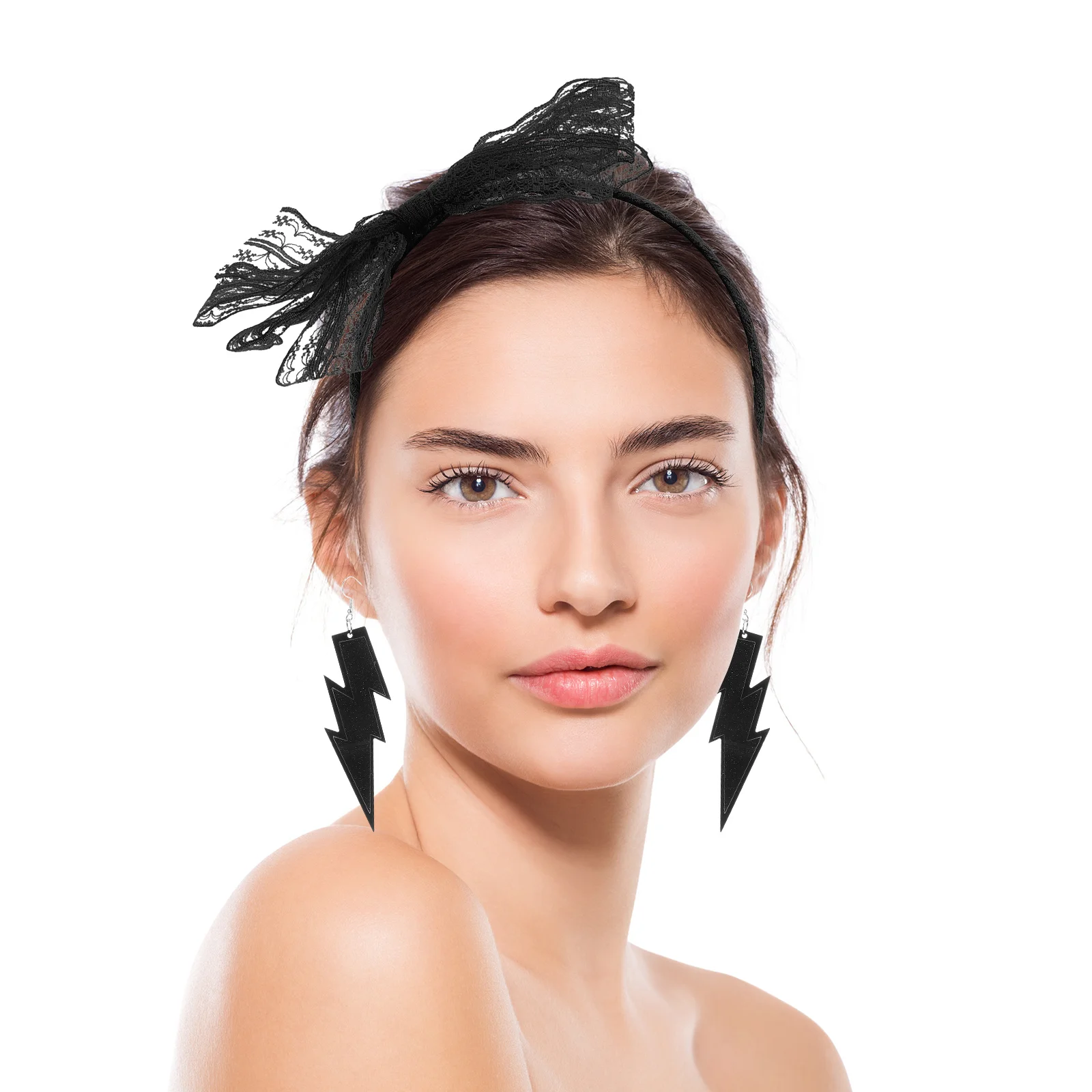 Ensemble de boucles d'oreilles bandeau en dentelle néon pour femmes, accessoires de fête pour Costume d'halloween, décorations de nœud de cheveux scintillantes pour dames