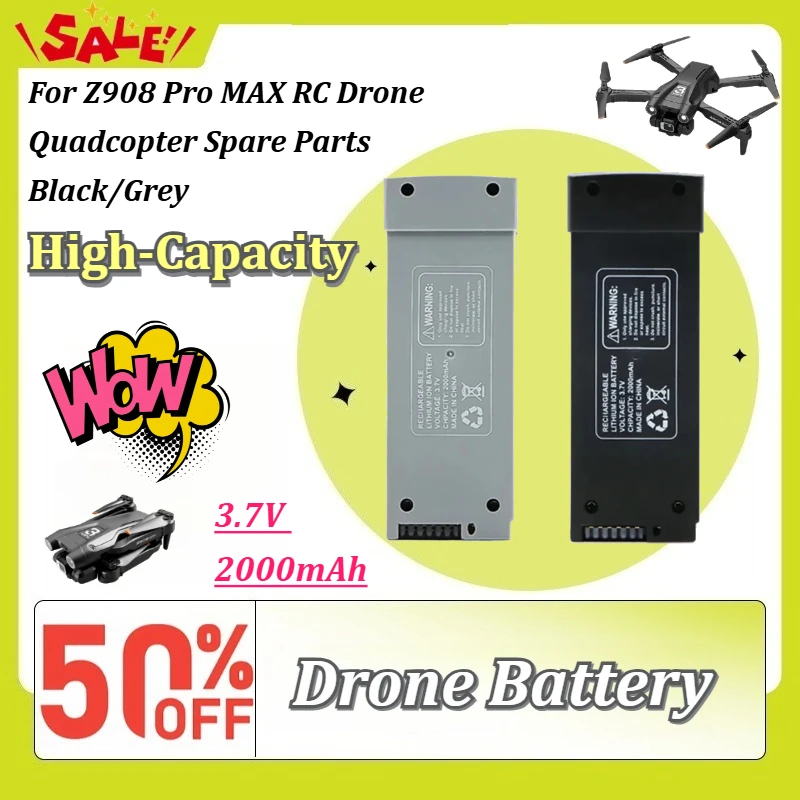 High-Capacity 3.7V 2000mAh Rechargeable Li-ion Replacement Battery For Z908 Pro MAX RC Drone Quadcopter Spare Parts Black/Grey