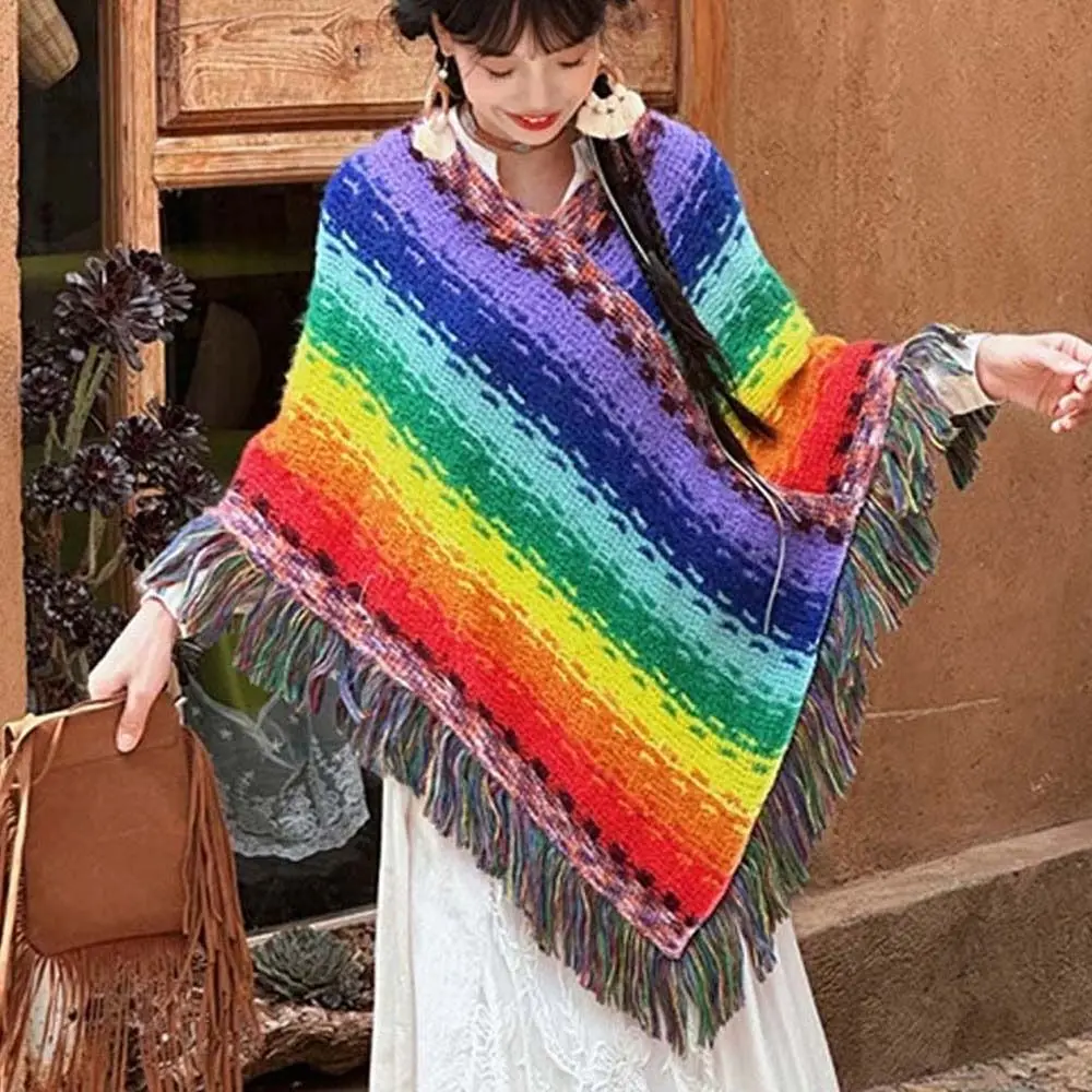 Coat Overlays Winter Warm Mongolian Poncho Striped Ethnic Style Knitting Wraps Polyester Pullover Tassel Shawl Women Fashion