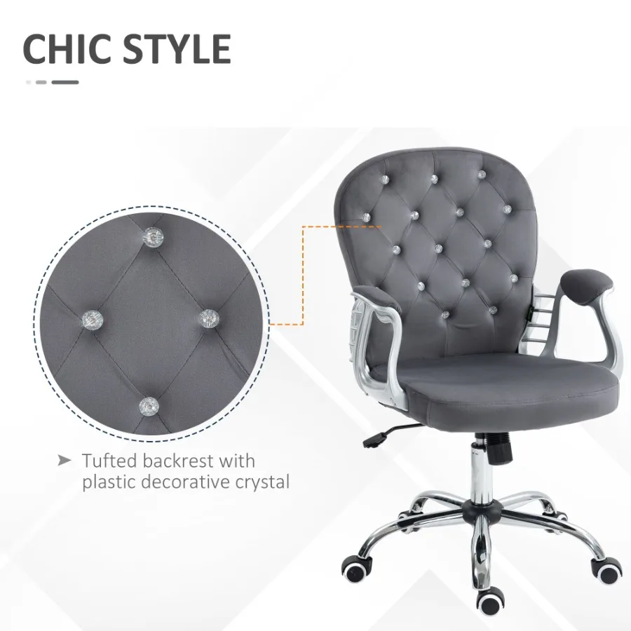 Vinsetto Velvet Home Office Chair Button Tufted Desk Chair with Padded Armrests Adjustable Height and Swivel Wheels Dark Gray