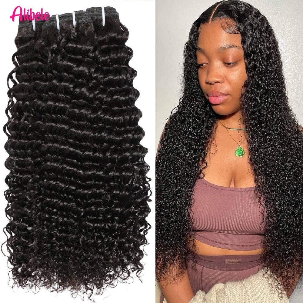 Alibele 딥 웨이브 인간의 머리카락 번들 더블 위브 위브 번들 15A 곱슬 버진 헤어 익스텐션 자연 블랙 1/3/4 Pcs 12-32Inch