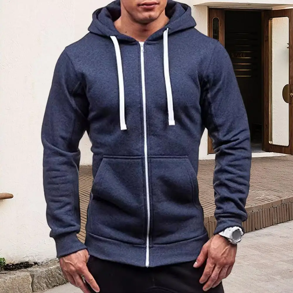 All-season Men Hoodie Stylish Men's Hooded Jacket with Drawstring Zip-up Closure Elastic Cuff Pockets for Fall Winter Season Mid