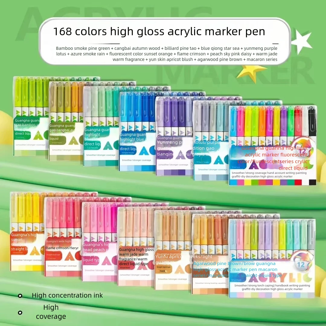 168 Colors Acrylic Needle Marker PensGuangNa Dual Brush Tips Fabric Rock Painting Pen Stone Ceramic Glass Canvas Wood Art Pens