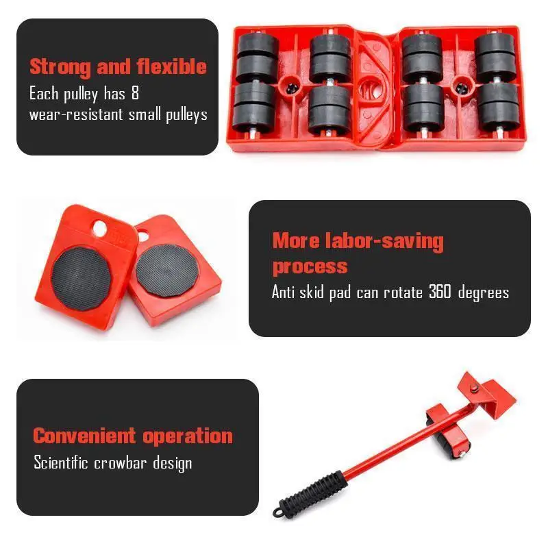 5PCS Furniture Mover Tool Set Heavy Stuffs Moving Roller With Bar Furniture Mover Lifter With Wheels Professional Moving Tools